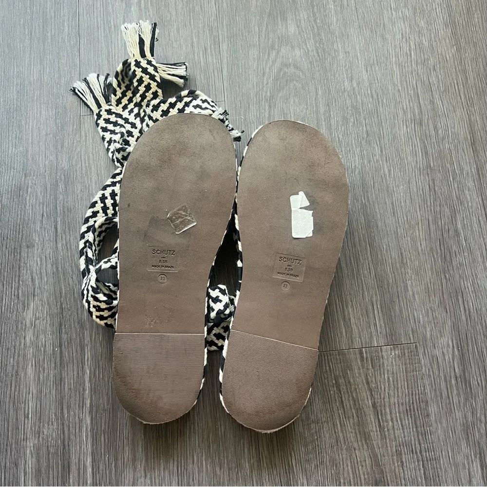 SCHUTZ Joni Platform Woven Black White Tie Sandals Women's Shoe Size 8.5